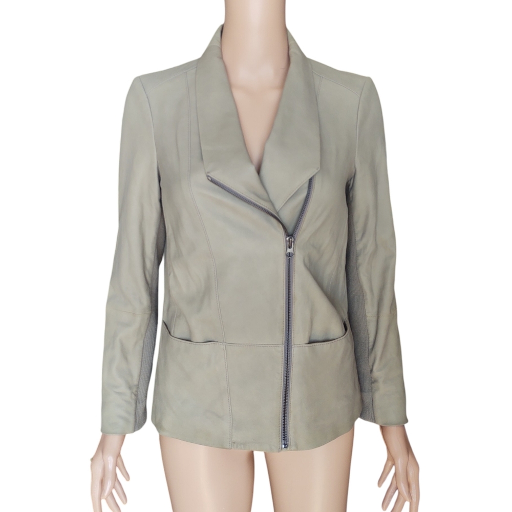 VINCE Leather Jacket Womens Small Light Olive Taupe Asymmetrical Crossover Moto